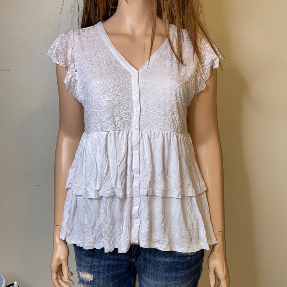 torrid White Lace Tiered Button-Front Top
